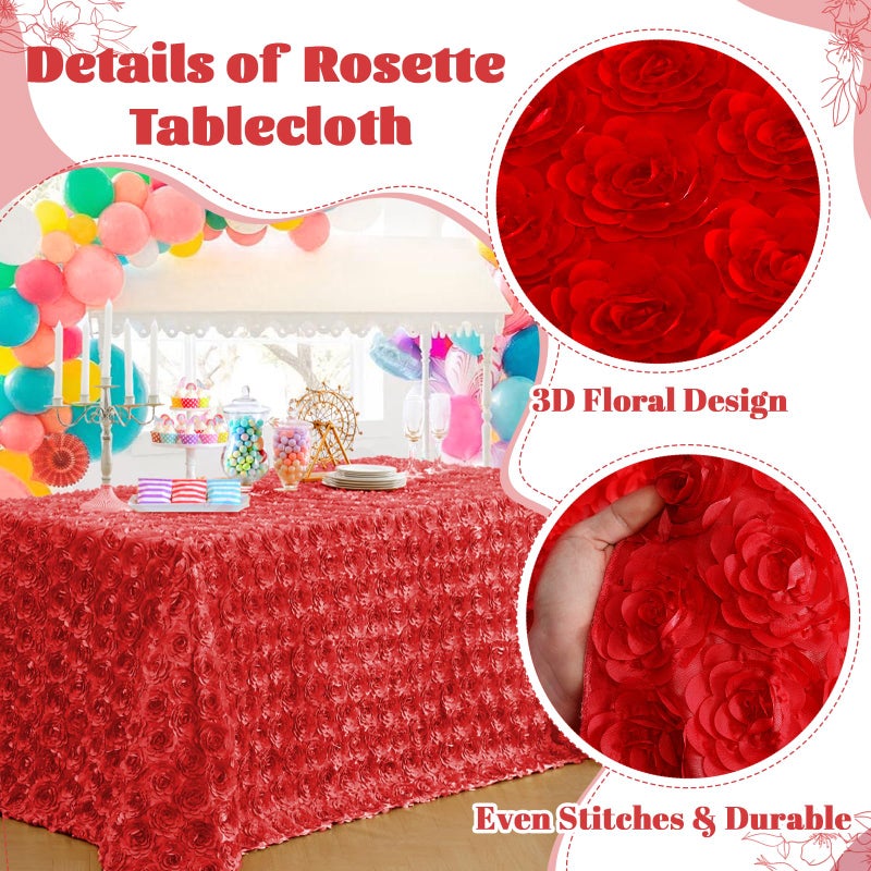 B.Cool B-COOL Red Rosette Tablecloth 60x102 Inch 3D Floral Satin Table Overlay Valentines Wedding Table Cloth Red Flowers Table Fabric Celebration Birthday Rectangle Table Linen - Image 2